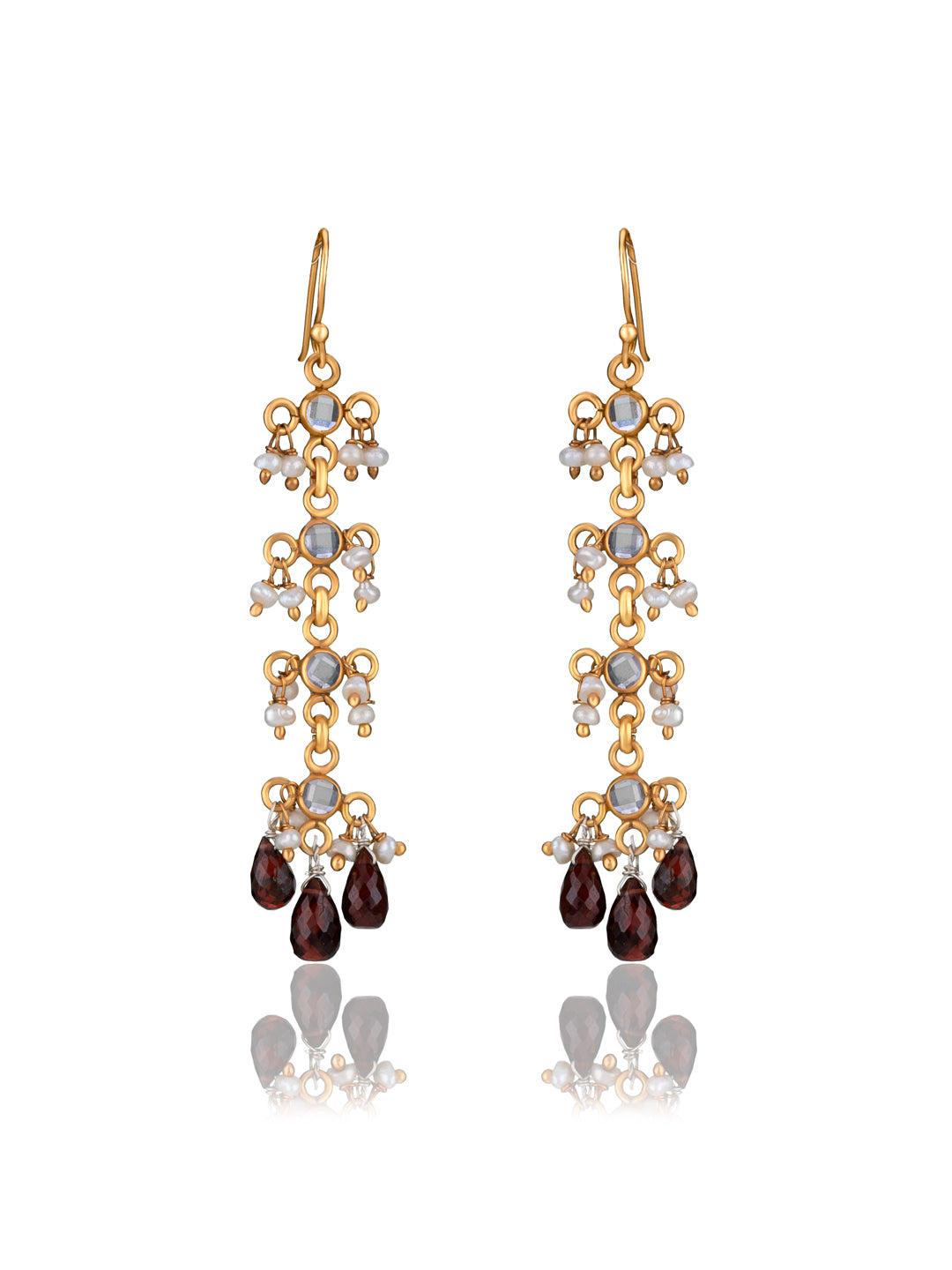 Checker Gold Plated Danglers with Pearl and Smoky Quartz view 1