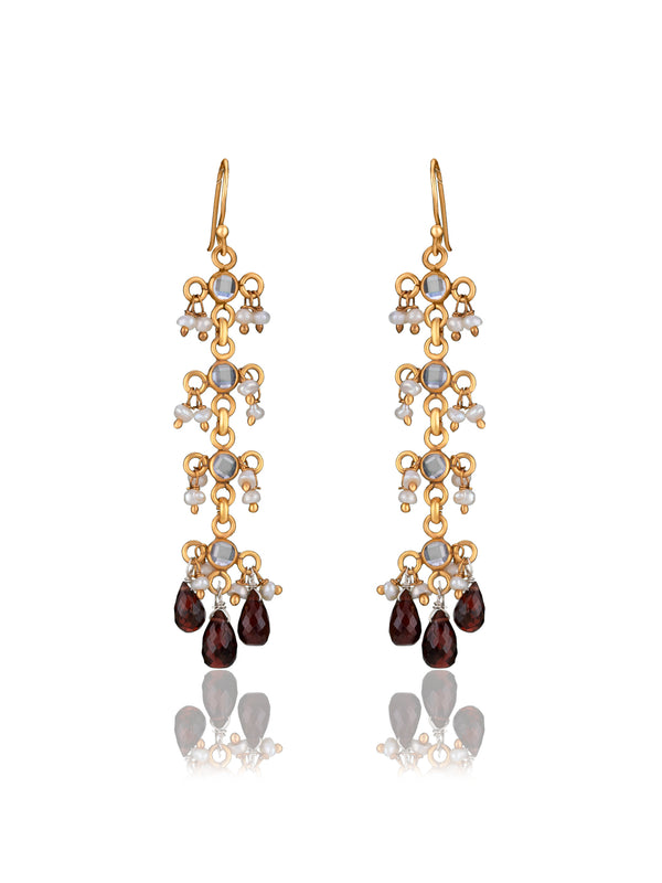 Checker Gold Plated Danglers with Pearl and Smoky Quartz
