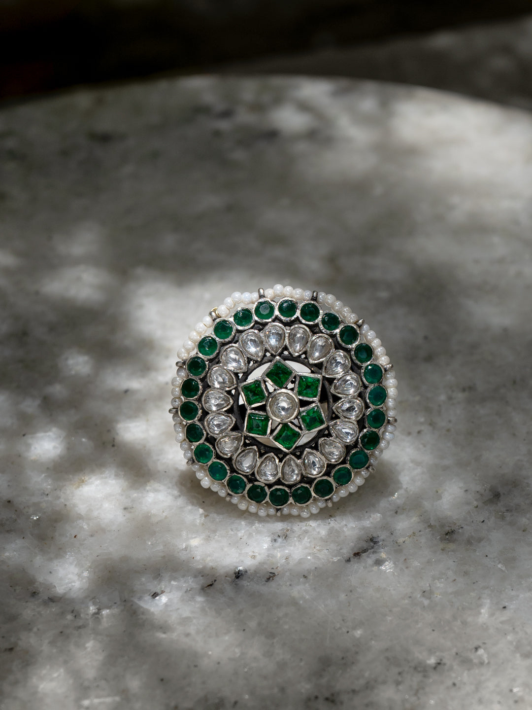 Multicolored Kundan and Green Onyx Adjustable Ring view 1
