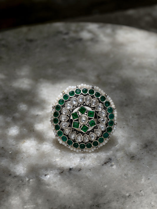 Multicolored Kundan and Green Onyx Adjustable Ring
