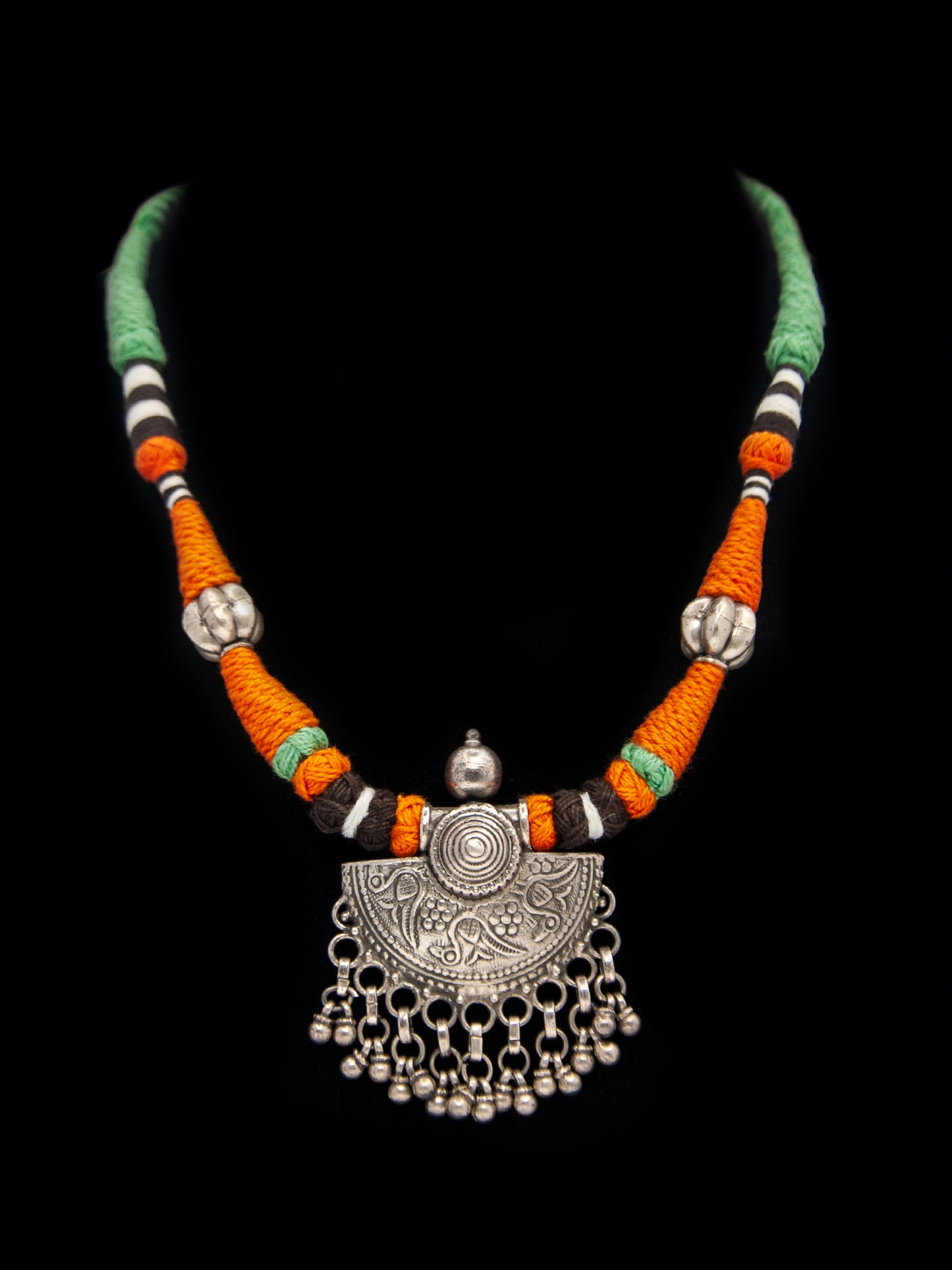 Silver Orange Green Necklace with Ghungroo
