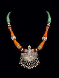 Silver Orange Green Necklace with Ghungroo view 5