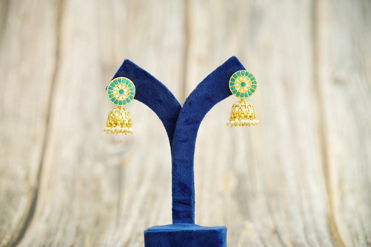 925 Silver Gold Plated Turquoise and Kundan Earrings with Kundan Jhumki view 4