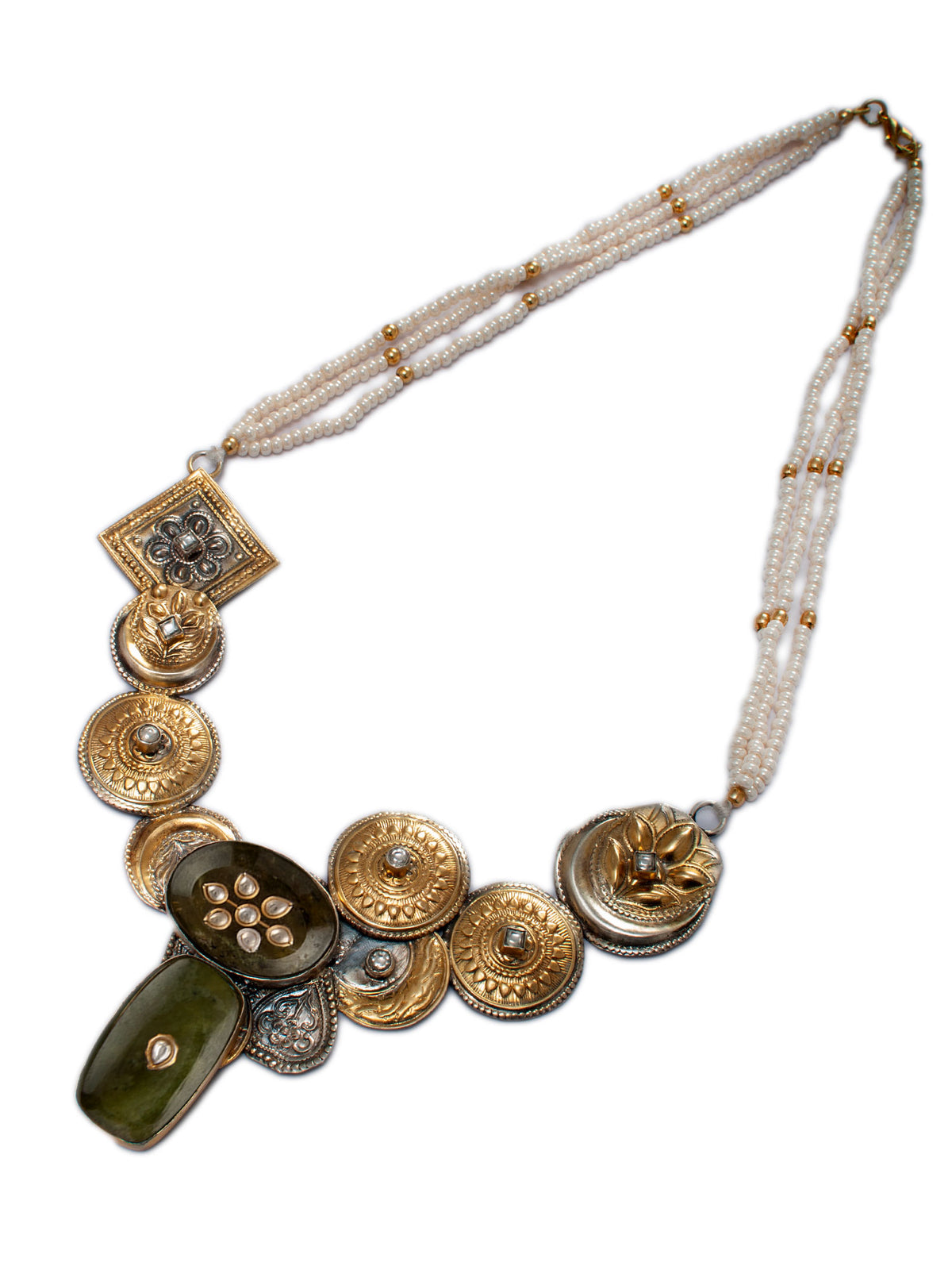 925 Sterling Silver Two Tone 22K Gold Plated Pearl Beaded Necklace With Aventurine Gemstone and White Kundan view 3