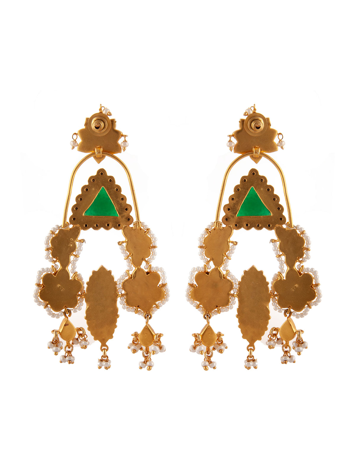 925 Sterling Silver 22K Gold Plated Green Onyx Danglers Earrings With Pearl And White Kundan view 6