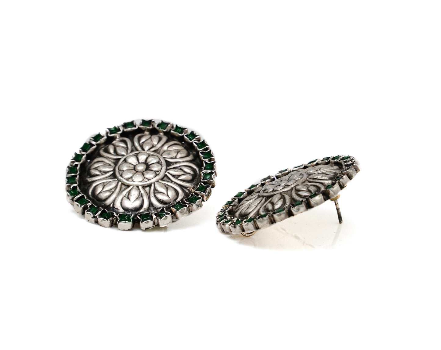 925 Silver Floral Studs with Natural Green Gemstone - Neeta Boochra Jewellery
