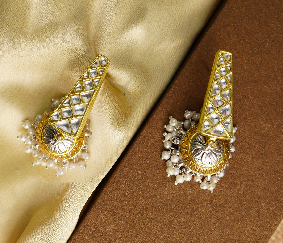 925 Silver Gold Plated White Kundan Trapezium Jhumki Earrings view 3