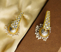 925 Silver Gold Plated White Kundan Trapezium Jhumki Earrings view 3
