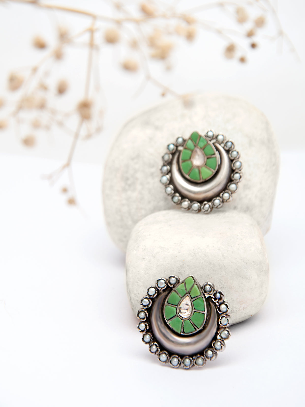 Silver Green White Kundan Studs view 1