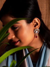 Silver Ruby Kundan Earrings with Drop view 7