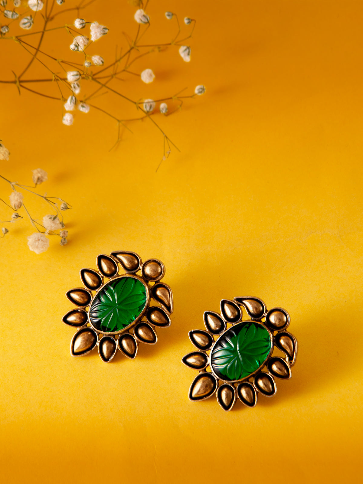 Svarnam Green Carved Studs view 1