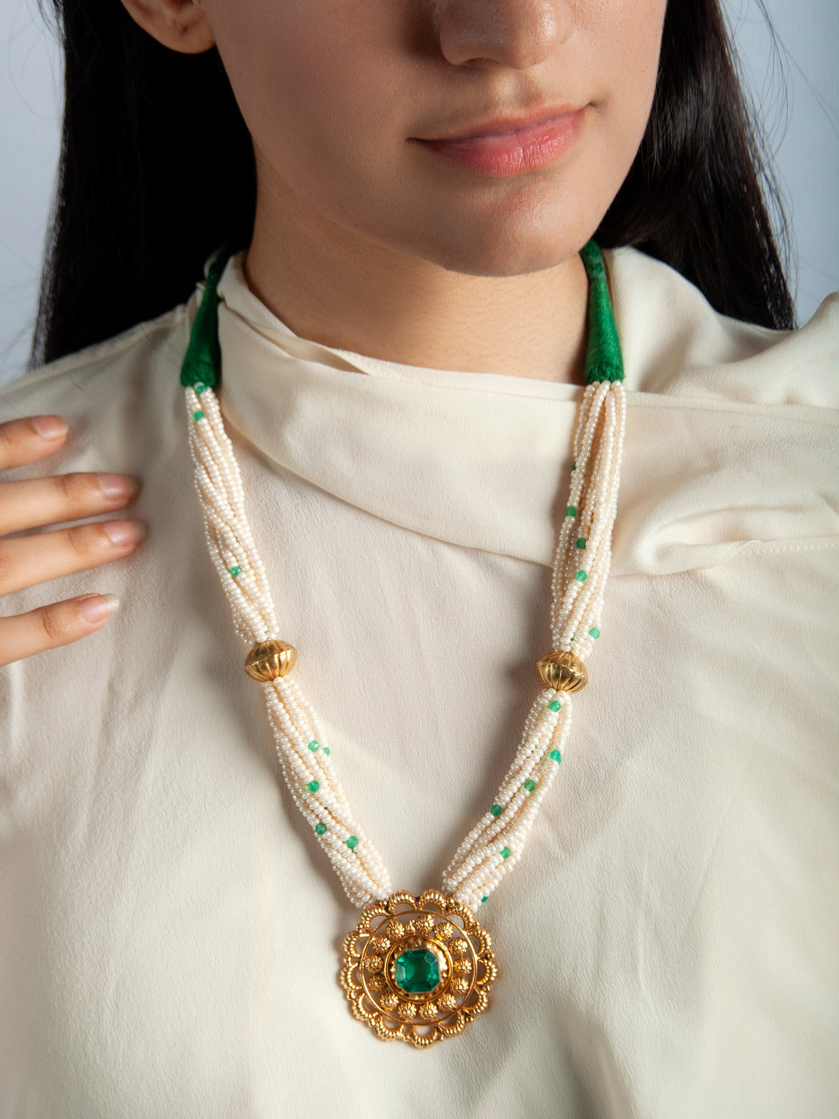 925 Sterling Silver Gold Necklace with Pearl and Green Onyx view 1
