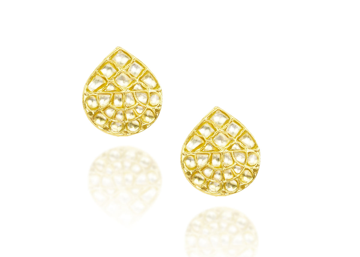 925 Silver Gold Plated White Kundan Paan Studs view 1