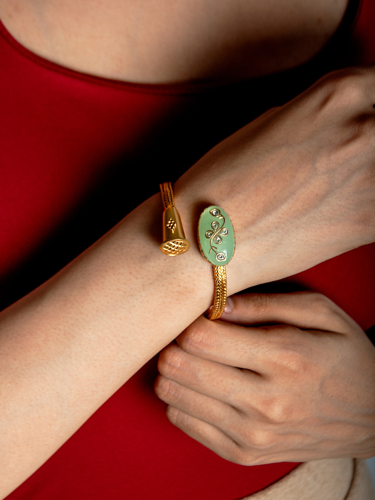 925 Sterling Silver Gold Plated Fusion Bangle with Chalcedony and Kundan work view 1