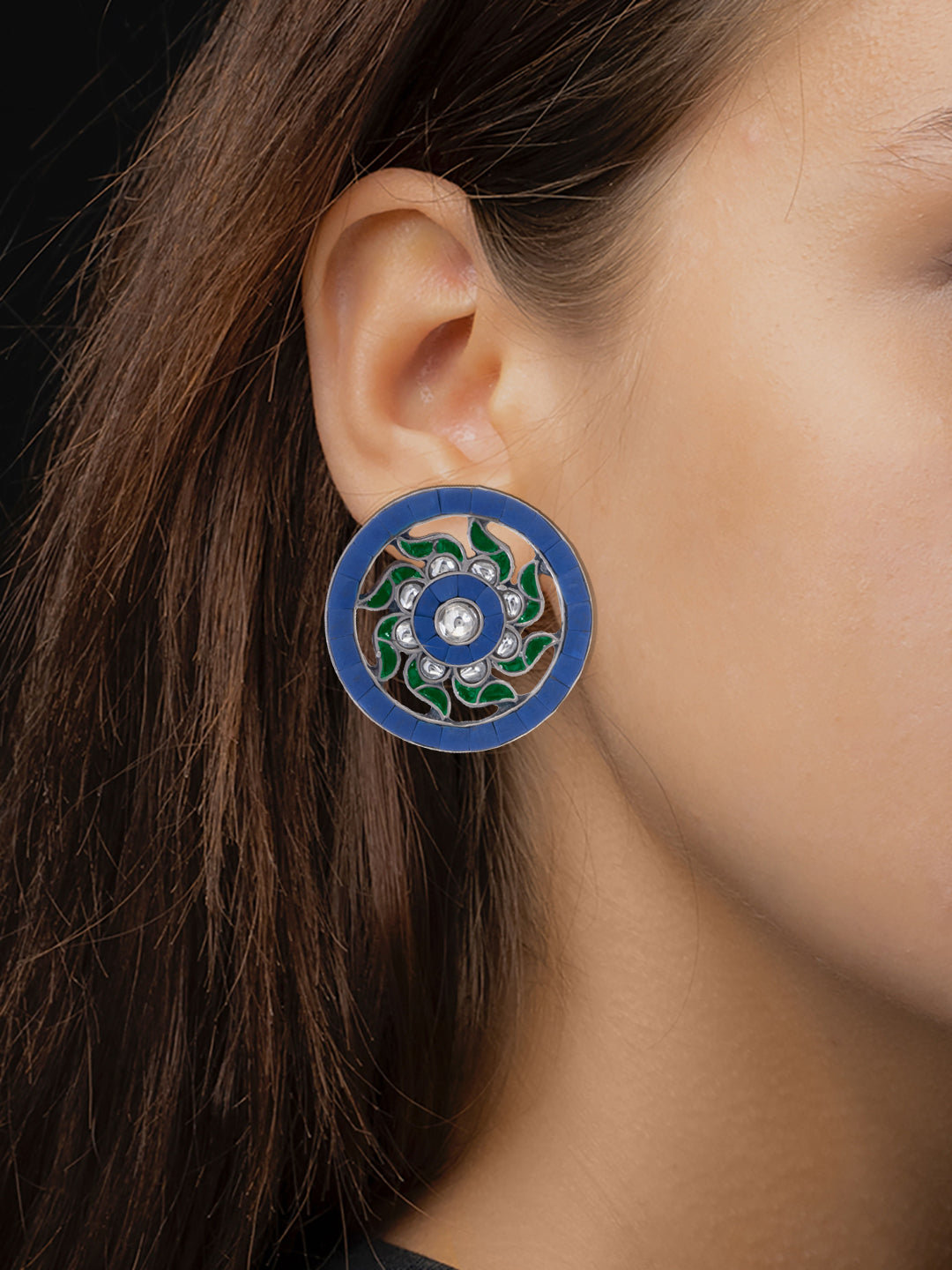 Multicolor Kundan Blue Spiral Earrings view 2