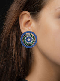 Multicolor Kundan Blue Spiral Earrings view 2