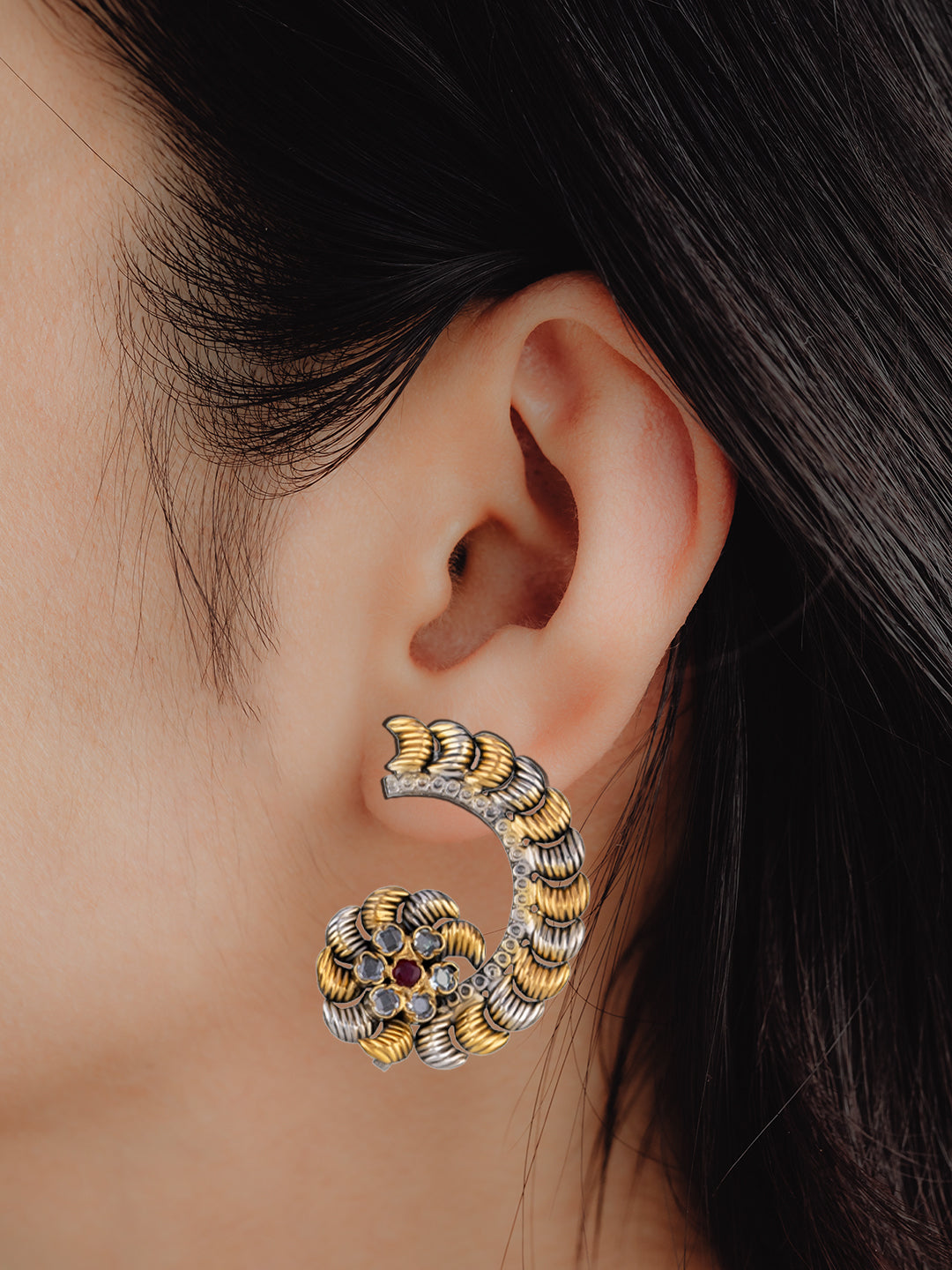 925 Sterling Silver Two Toned Textured Earrings view 2