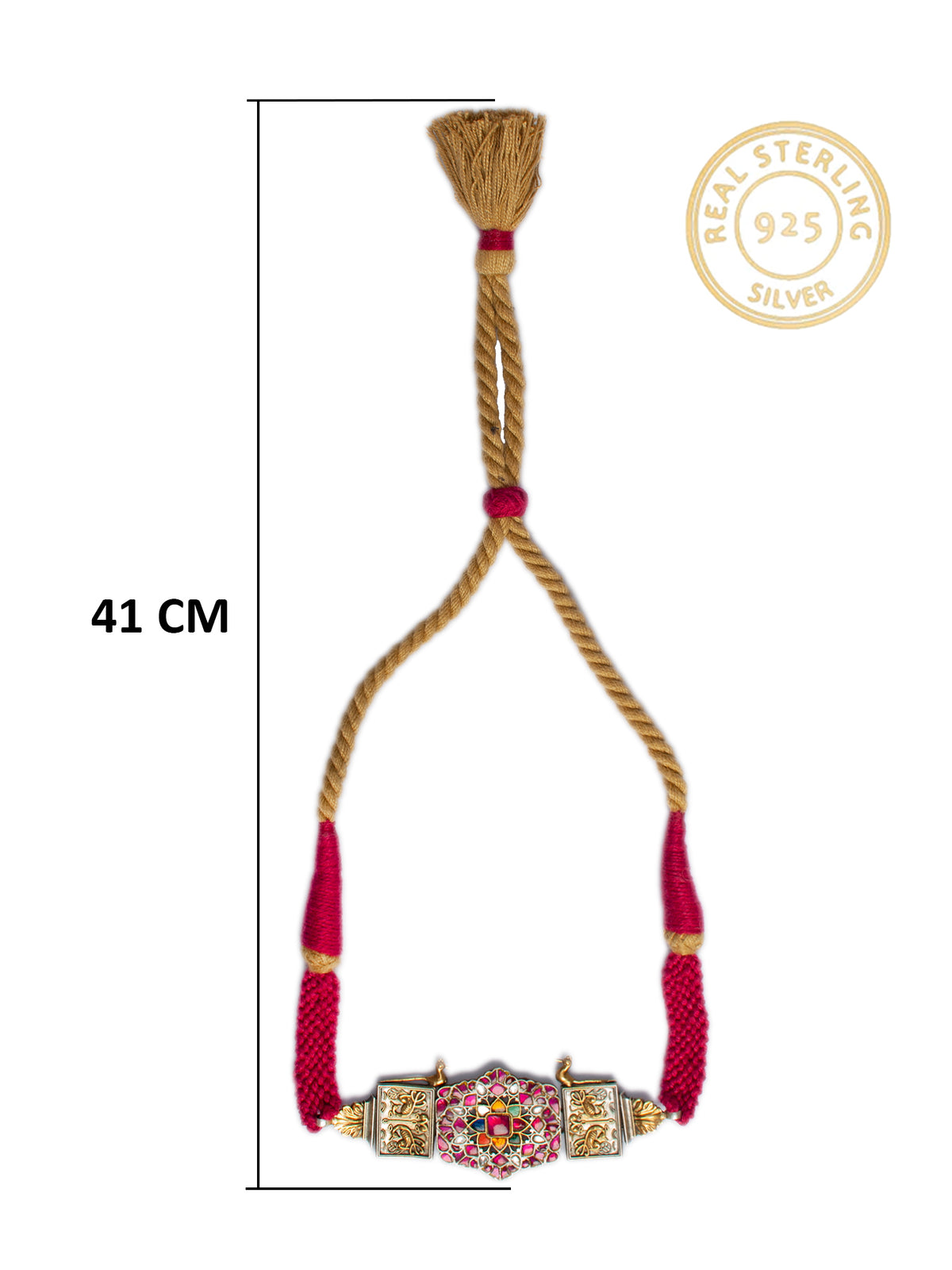 925 Sterling Silver Two Tone 22K Gold Plated Statement Necklace With Multicolor Kundan view 4
