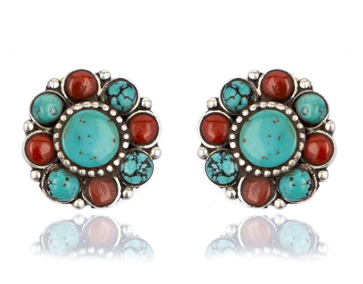 925 Sterling Silver Studs with Turquoise and Red Coral Gemstones view 1