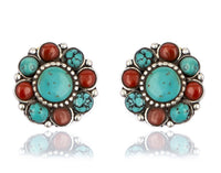 925 Sterling Silver Studs with Turquoise and Red Coral Gemstones view 1