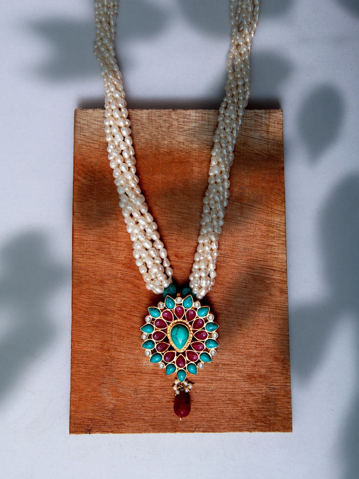 925 Sterling Silver 22K Gold Plated Pearl Beaded Necklace With  Turquoise and Ruby Gemstone view 3