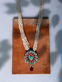 925 Sterling Silver 22K Gold Plated Pearl Beaded Necklace With  Turquoise and Ruby Gemstone view 3
