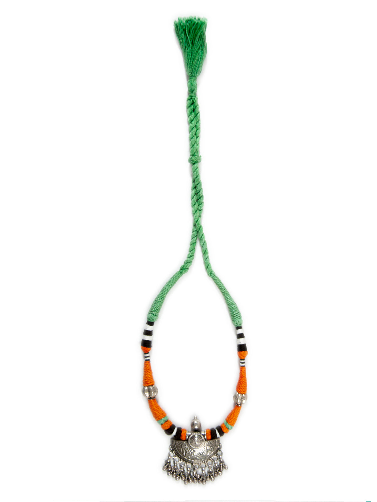 Silver Orange Green Necklace with Ghungroo view 6