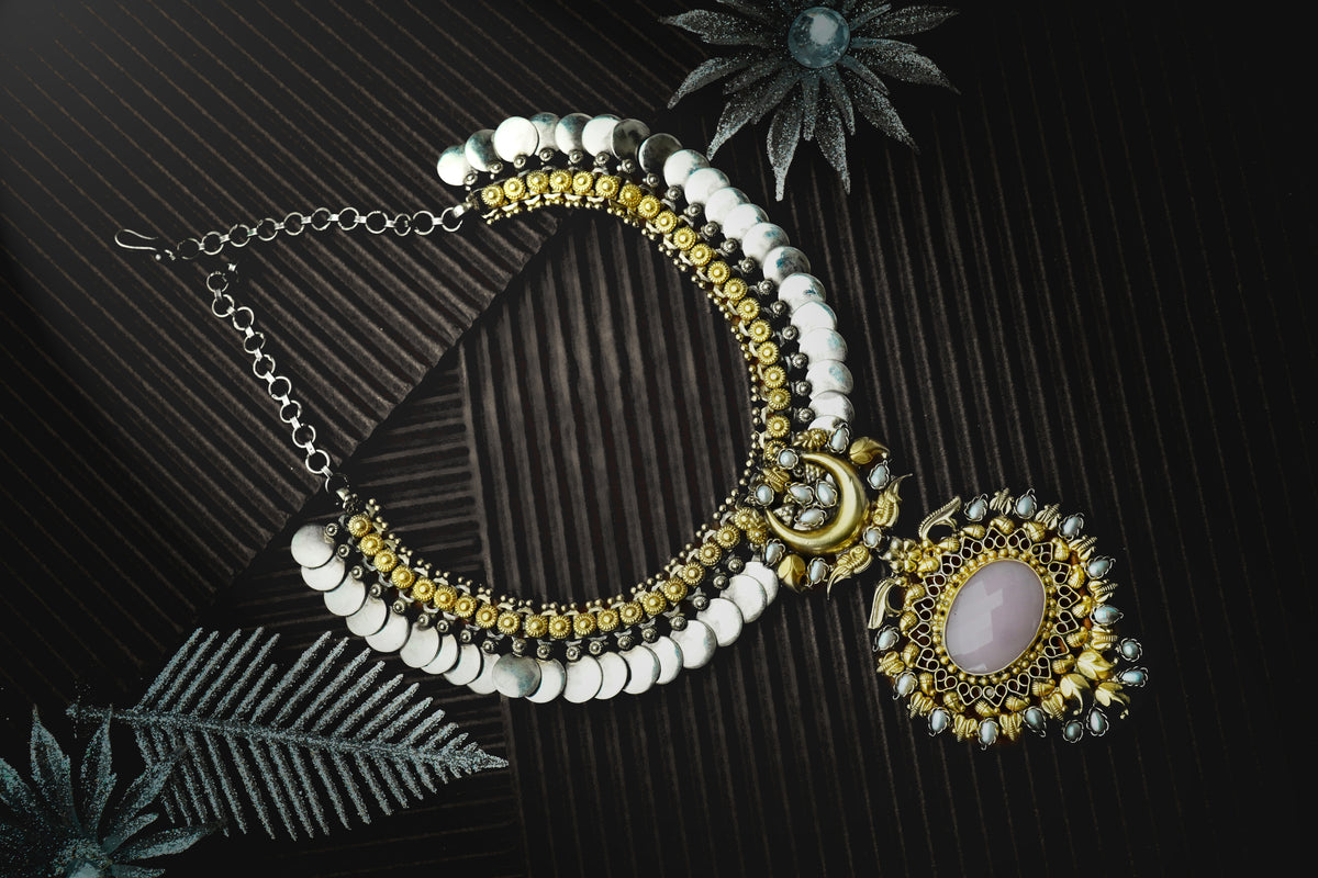 Silver Two Tone Coin Necklace with Rose Quartz view 3