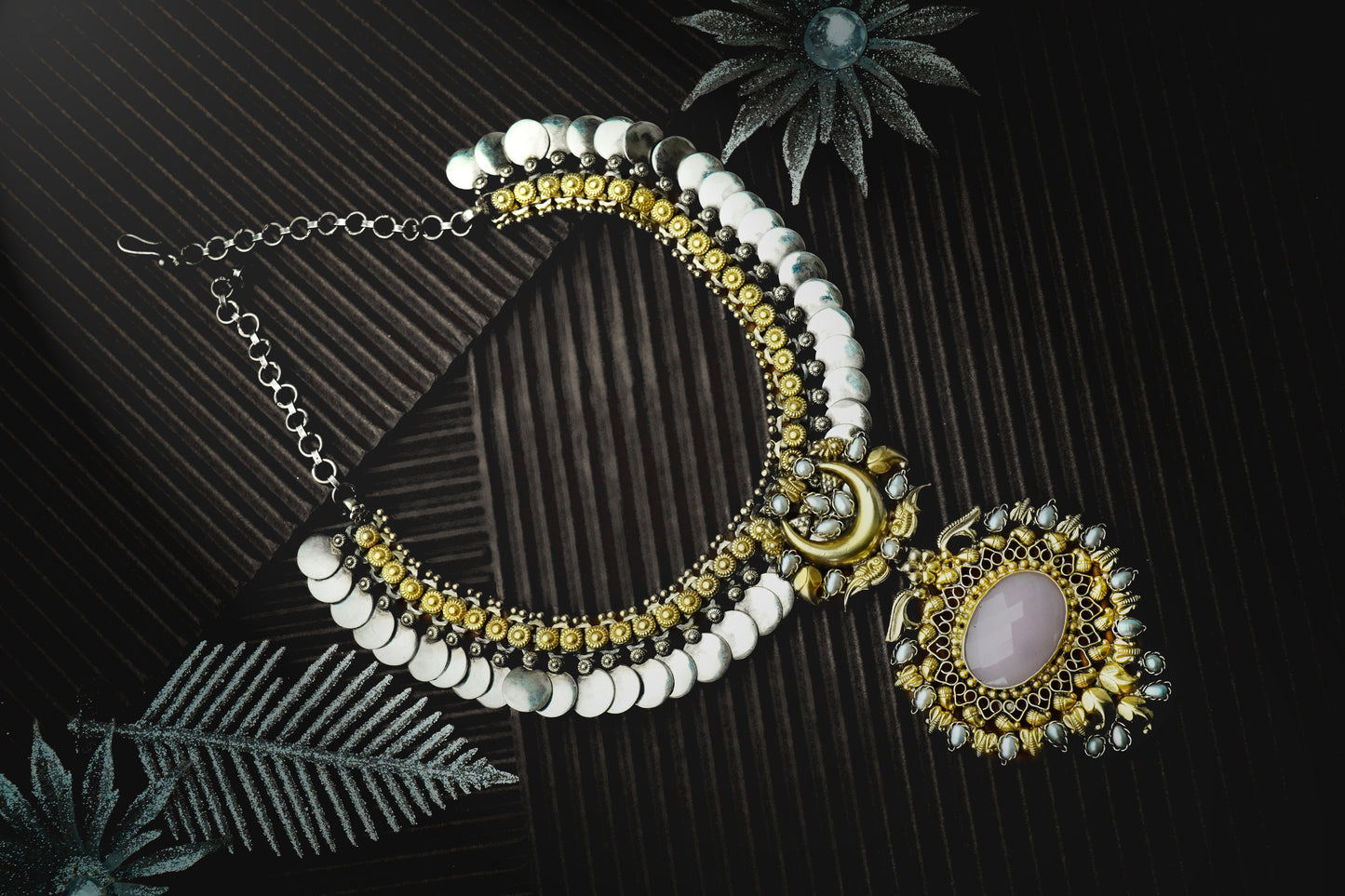 Silver Two Tone Coin Necklace with Rose Quartz - Neeta Boochra Jewellery
