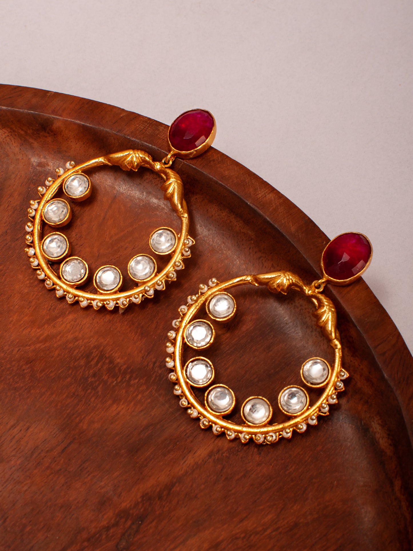 925 Sterling Silver 22K Gold Plated Chaandbali Kundan Earring With Ruby Gemstone and Pearl