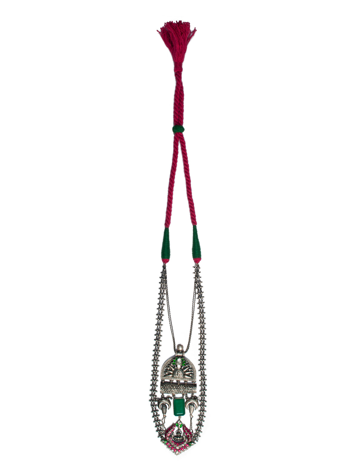 925 Sterling Silver Necklace With Green Onyx Gemstone and Green, Pink and White Kundan view 6