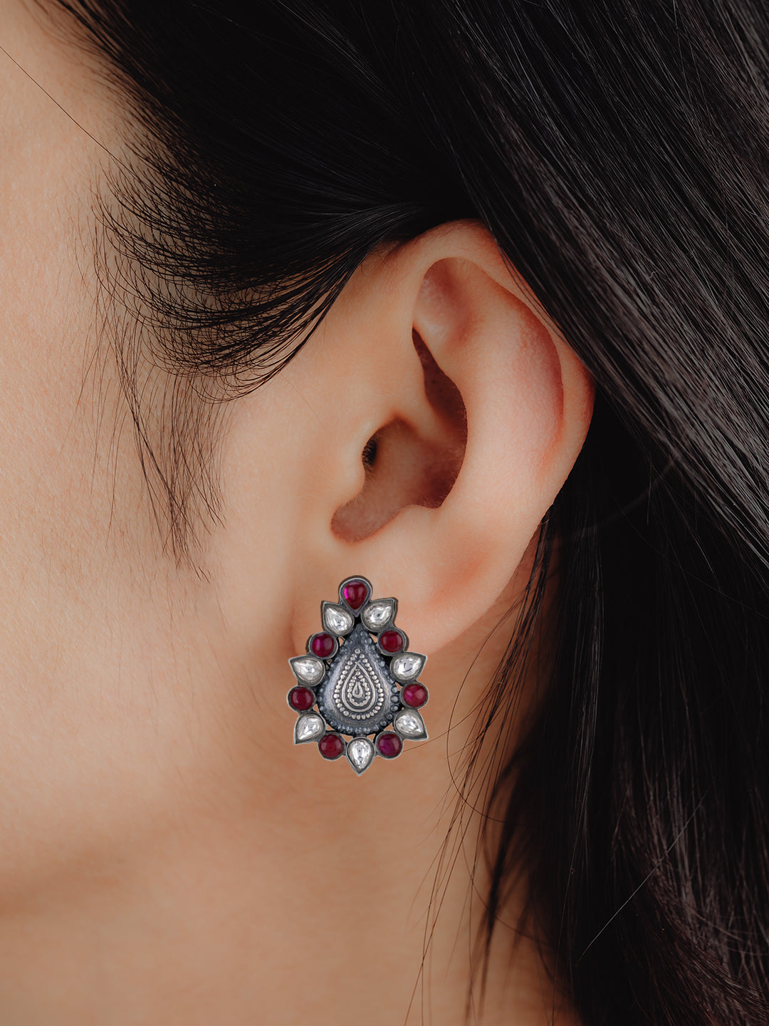 925 Sterling Silver Paan Studs with Kundan and Ruby