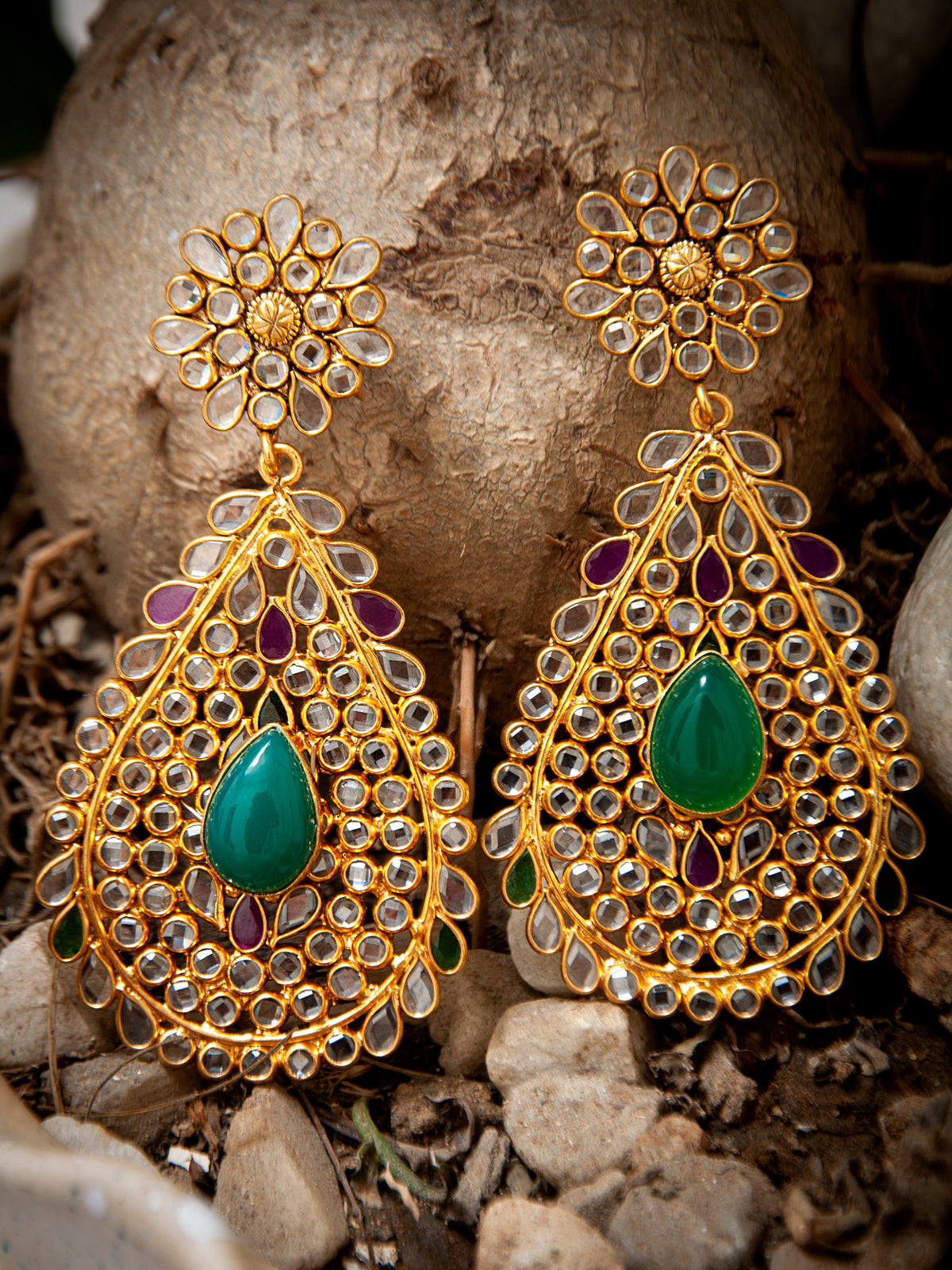 925 Sterling Silver 22K Gold Plated Multicolored Checker Crystal Earrings with Green Onyx view 2