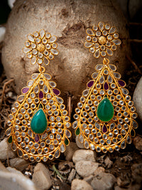 925 Sterling Silver 22K Gold Plated Multicolored Checker Crystal Earrings with Green Onyx view 2