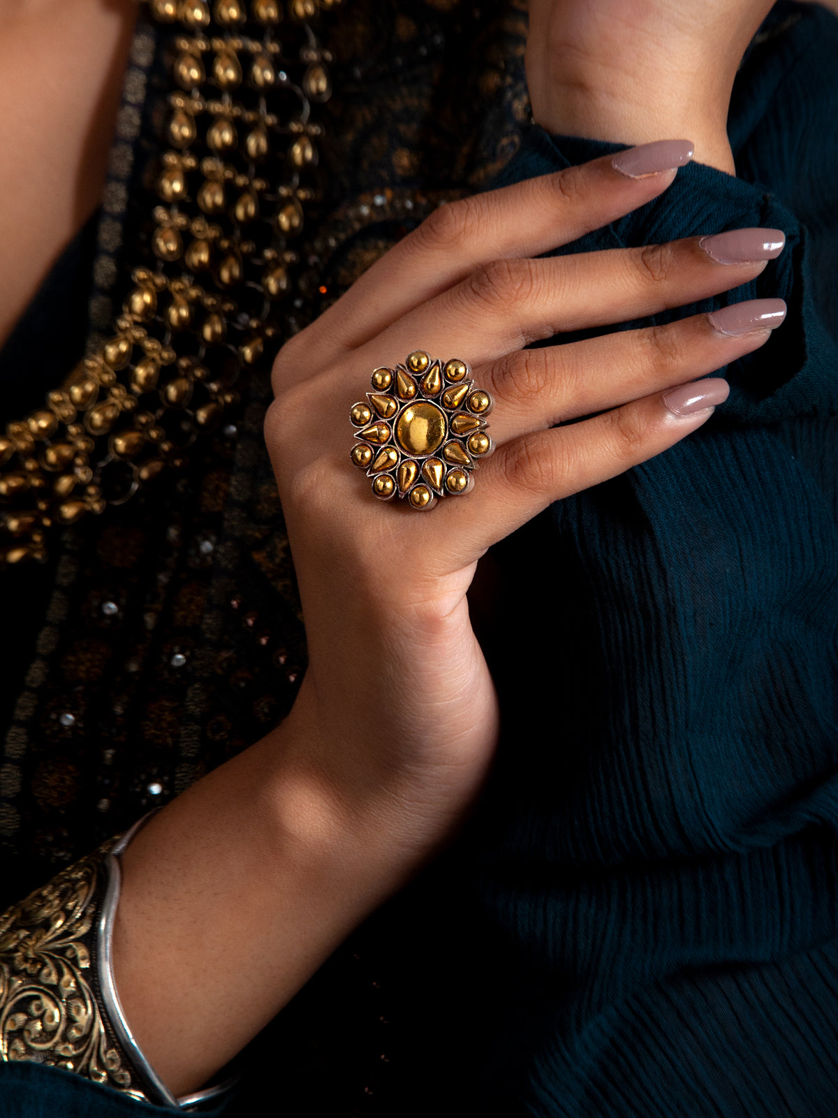 Svarnam Floral Gold Adjustable Ring view 2