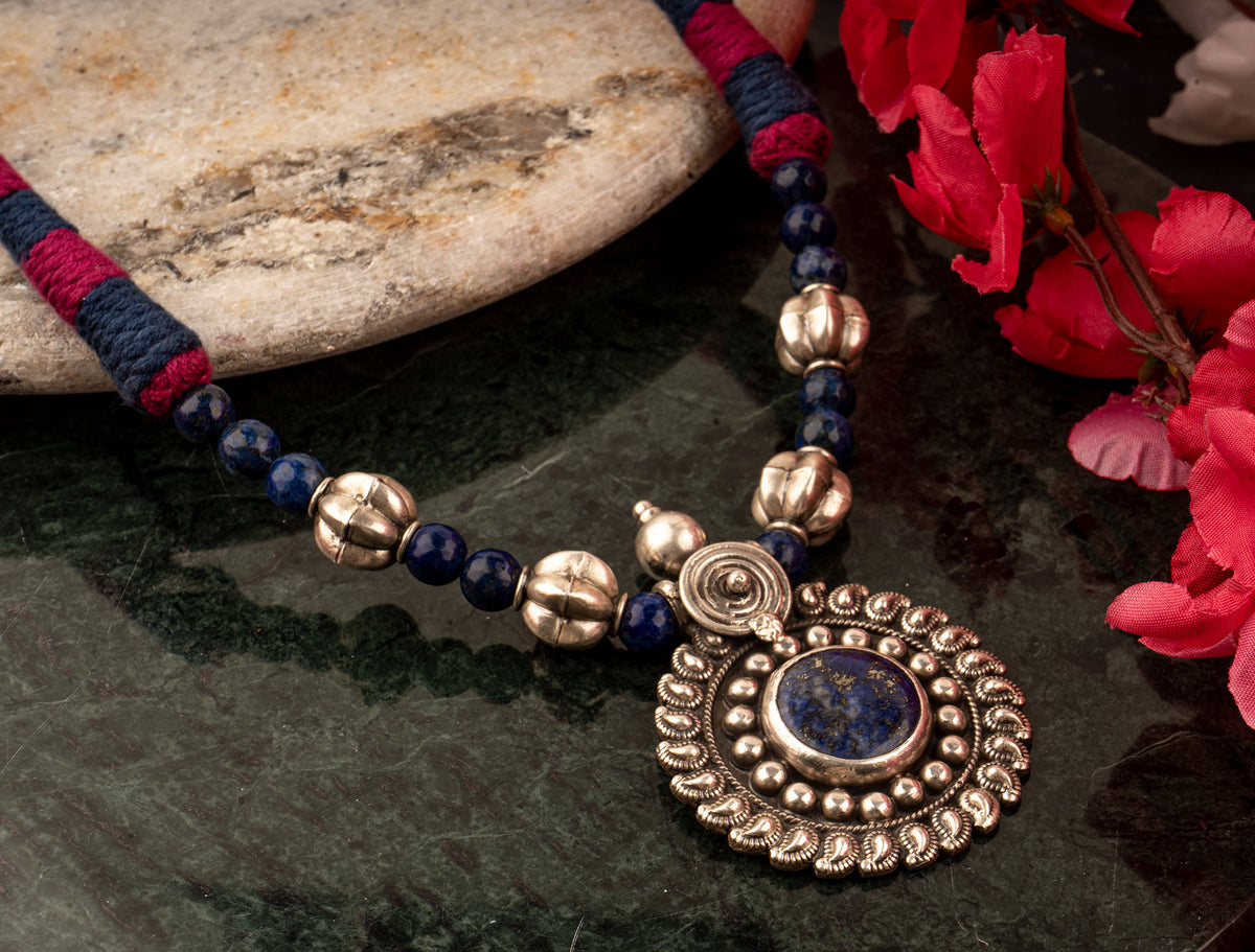 925 Sterling Silver Necklace with Blue Lapis Pendant and Adjustable Patwa Thread view 1