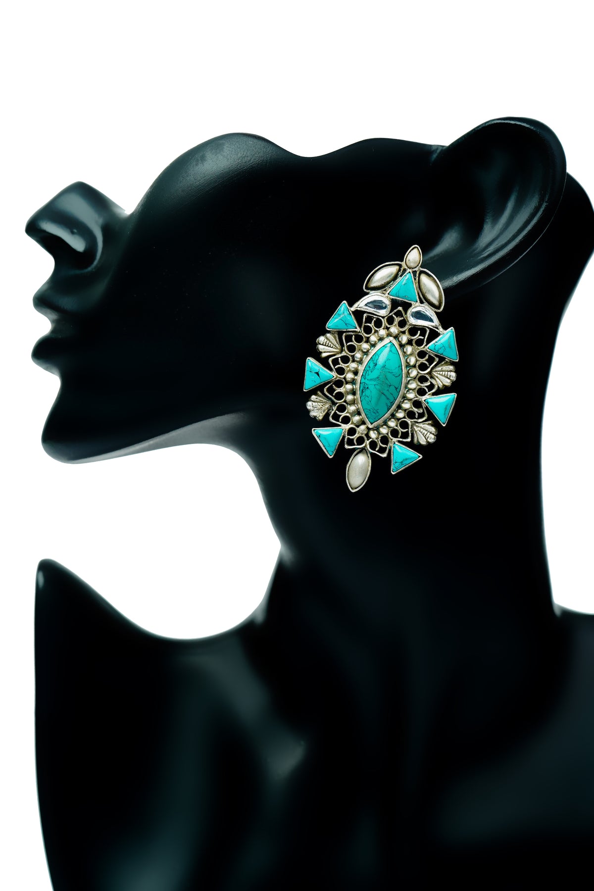 Silver Stud Earrings with Turquoise and Pearls view 4
