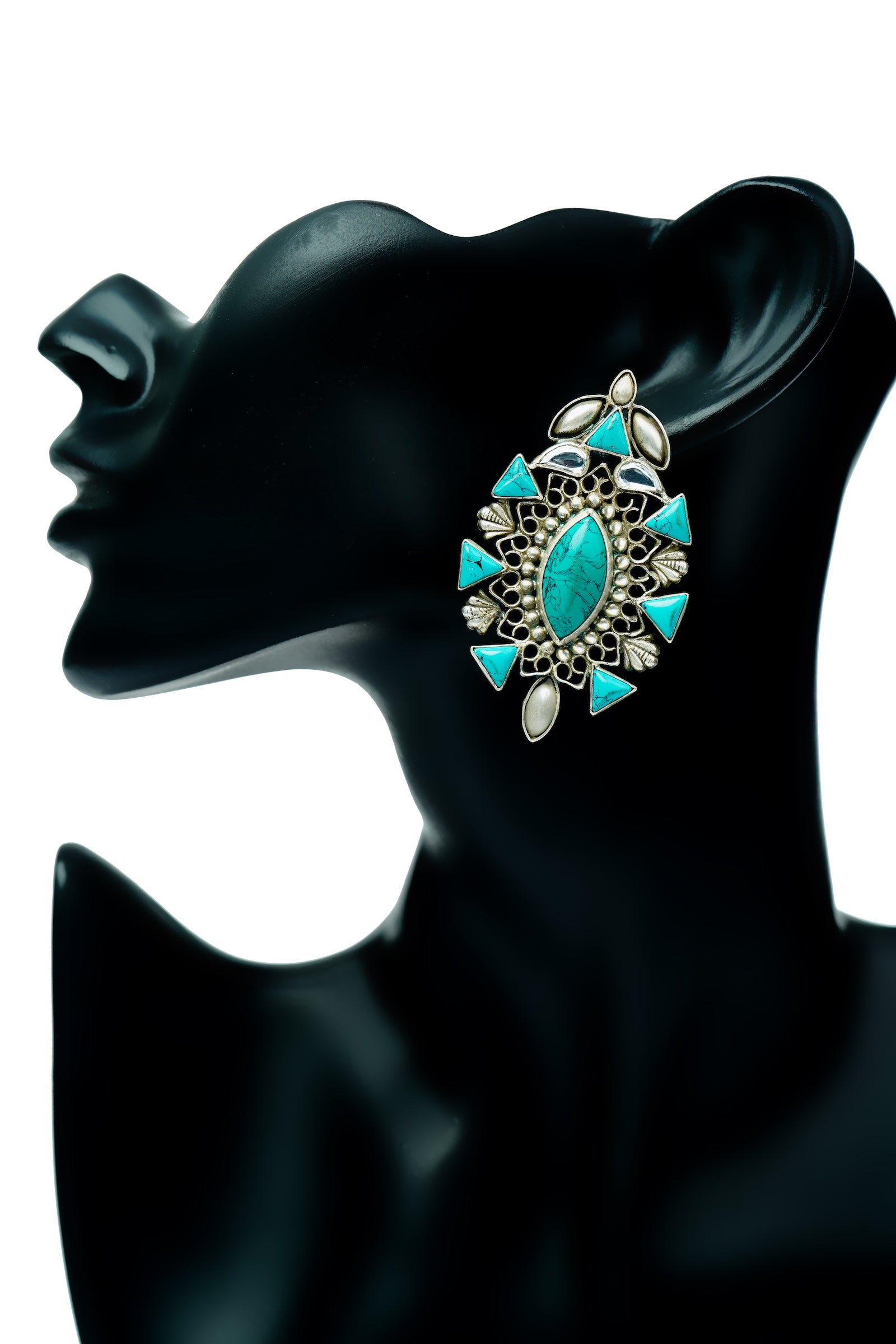Silver Stud Earrings with Turquoise and Pearls - Neeta Boochra Jewellery