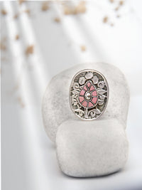 Silver Pink Pear Motif Kundan Ring view 1