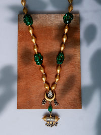 925 Sterling Silver Two Tone 22K Gold Plated Dholki Necklace With Green Onyx Gemstone and Beads view 2