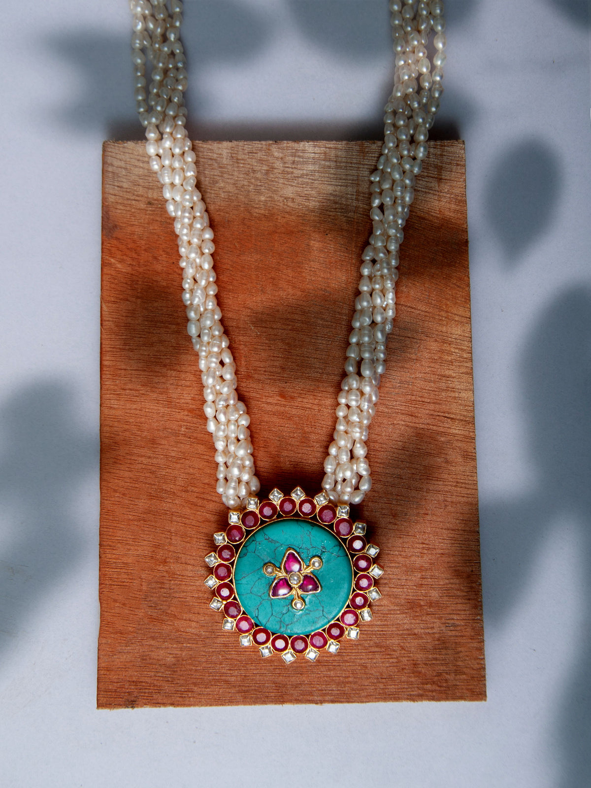 925 Sterling Silver 22K Gold Plated Pearl Beaded Necklace With Turquoise, Ruby Gemstone view 3