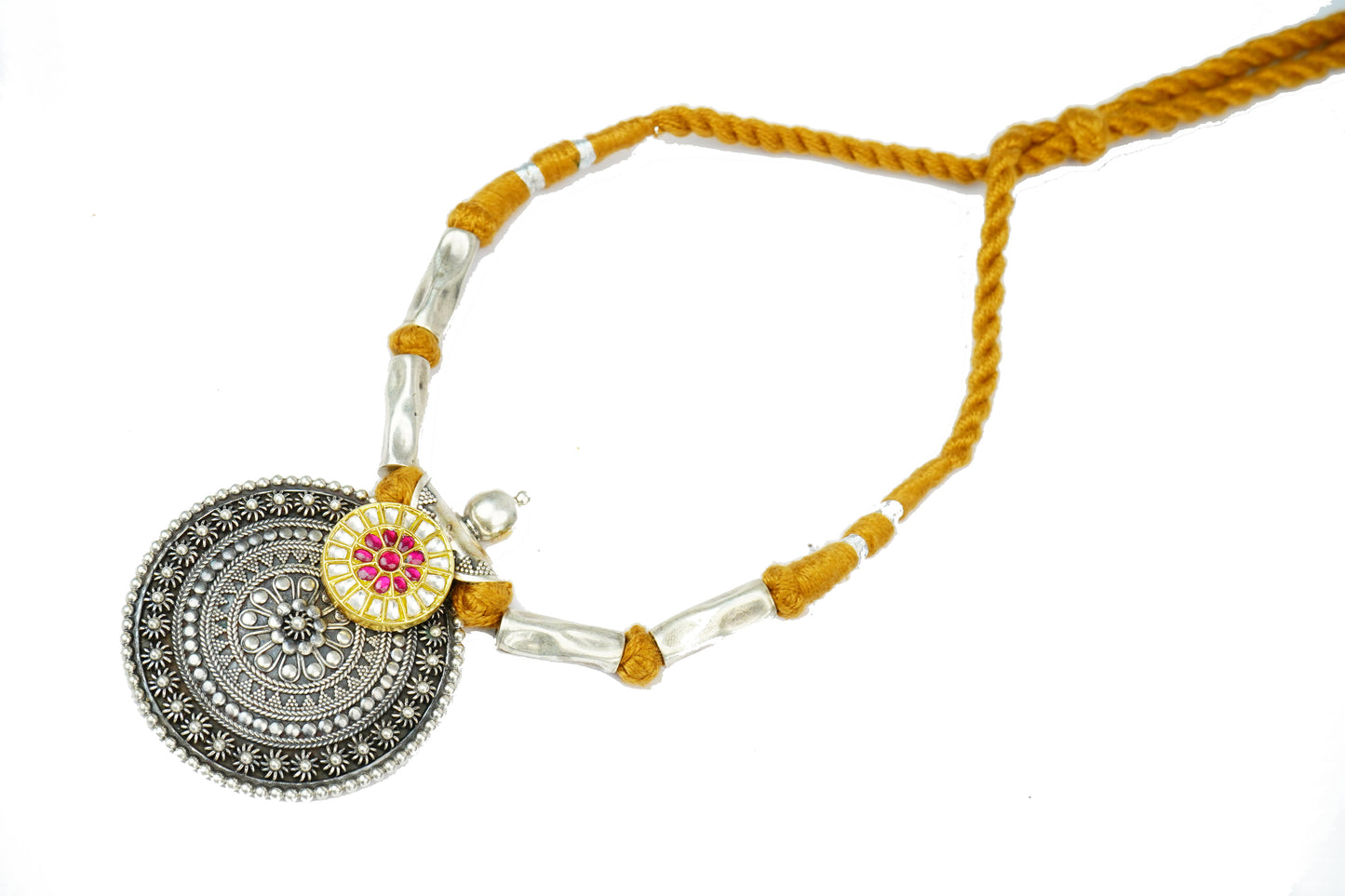 Silver Rawa Necklace with Brown Patwa Thread and Signature Kundan Motif - Neeta Boochra Jewellery