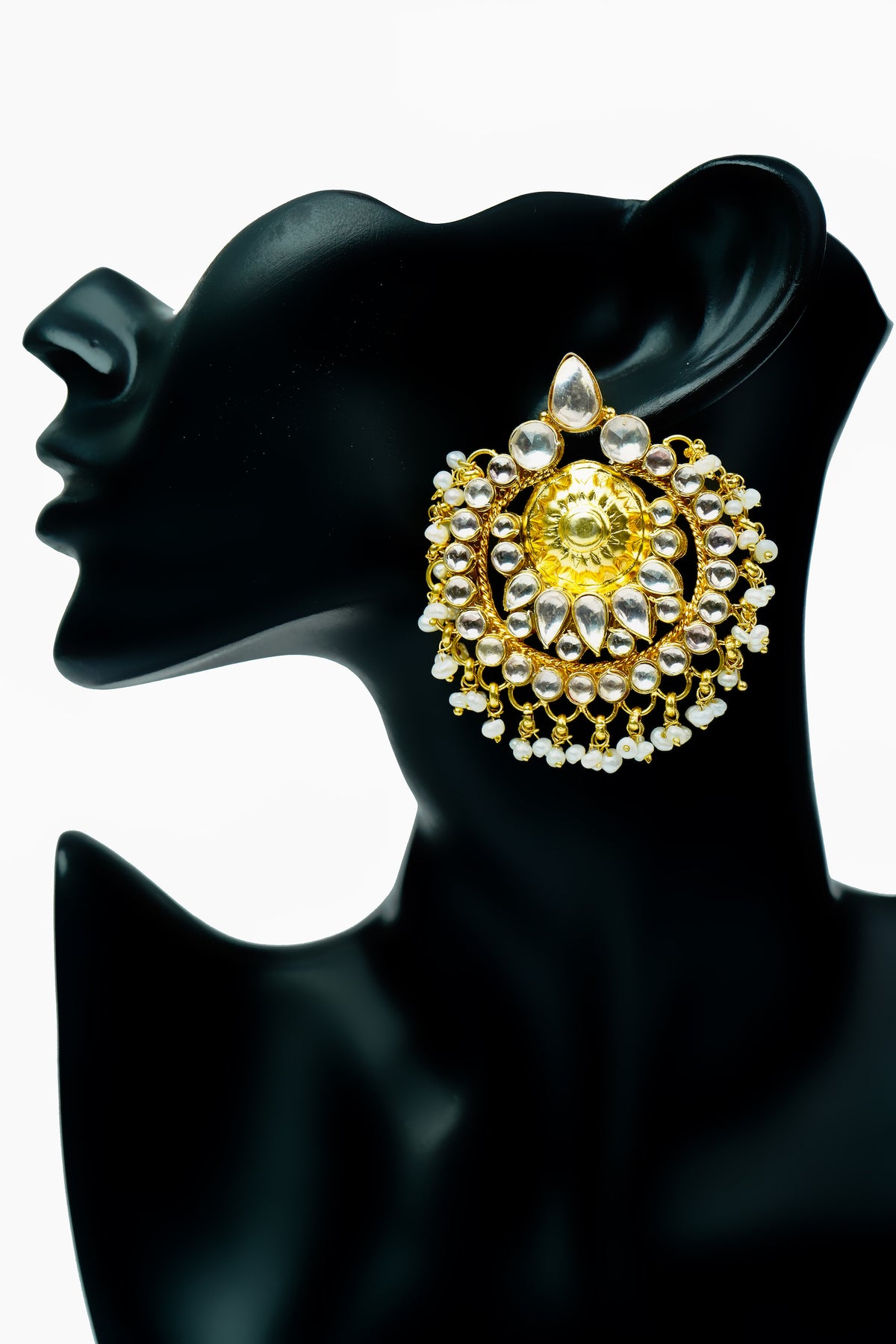 Silver Gold Plated Statement Chandbalis with Kundan and Pearls view 4