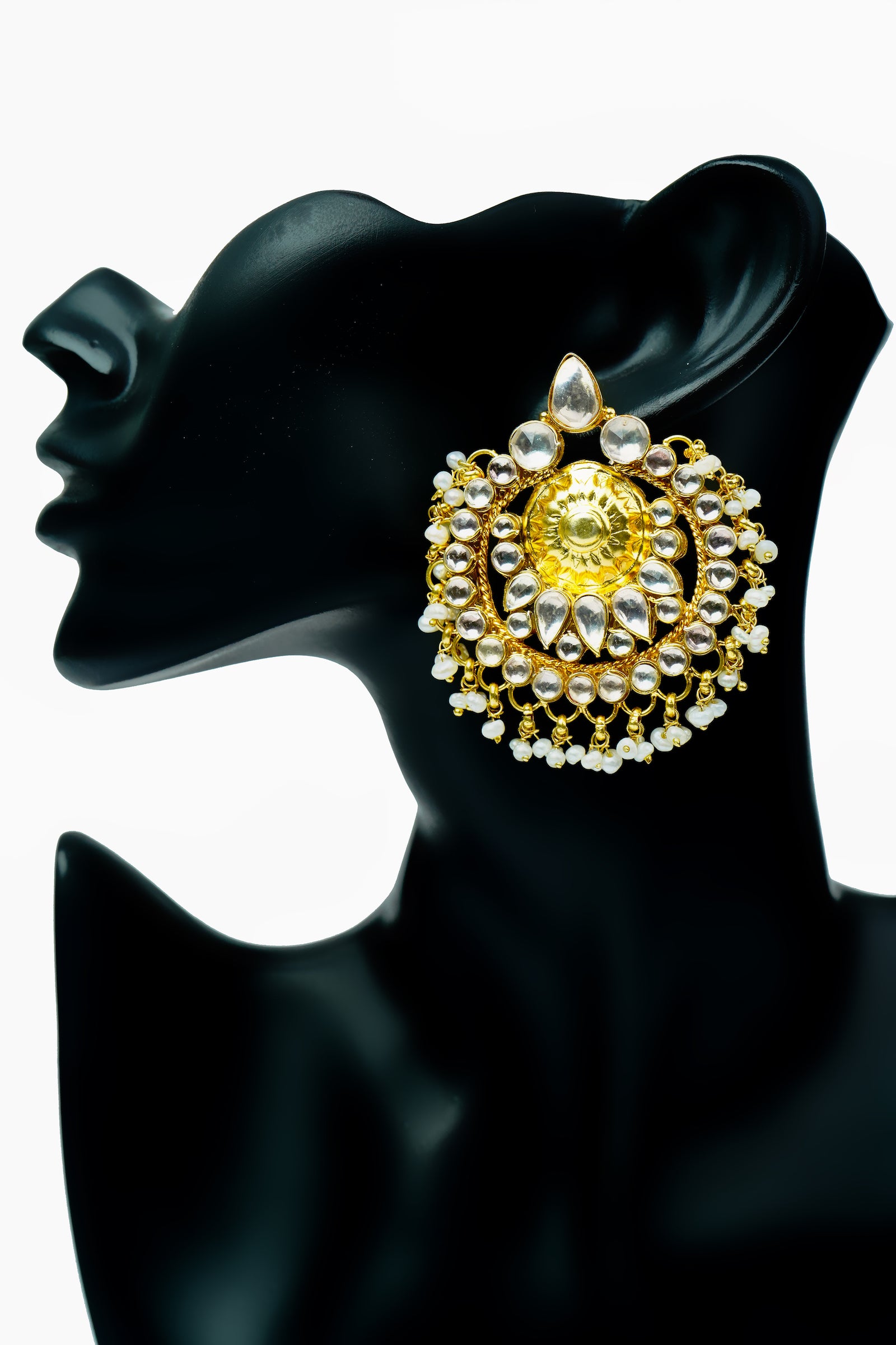Silver Gold Plated Statement Chandbalis with Kundan and Pearls - Neeta Boochra Jewellery
