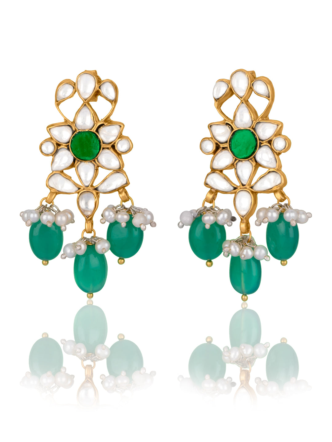 Gold Plated Drop Earrings with Kundan and Green Onyx view 1