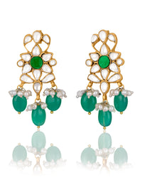 Gold Plated Drop Earrings with Kundan and Green Onyx view 1