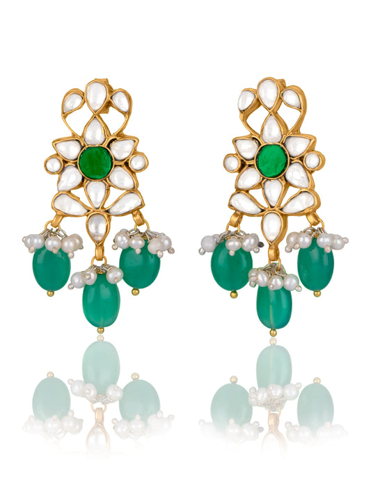 Gold Plated Drop Earrings with Kundan and Green Onyx