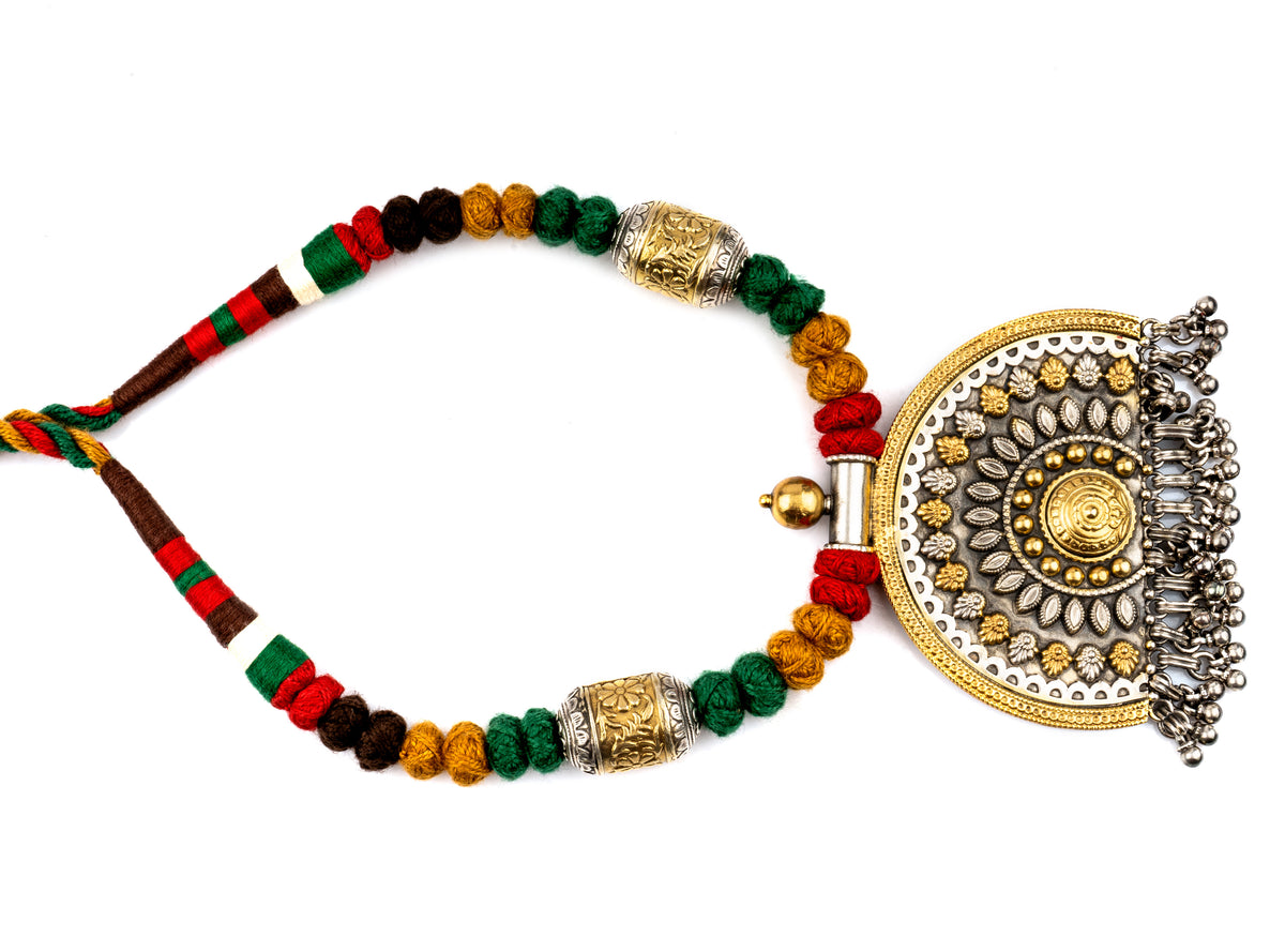925 Sterling Silver Necklace with Multicolored Adjustable Patwa Thread view 3