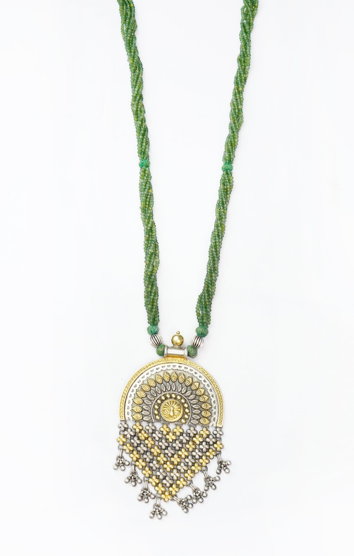 Silver Two Tone Beaded Necklace with Emerald Beads view 1