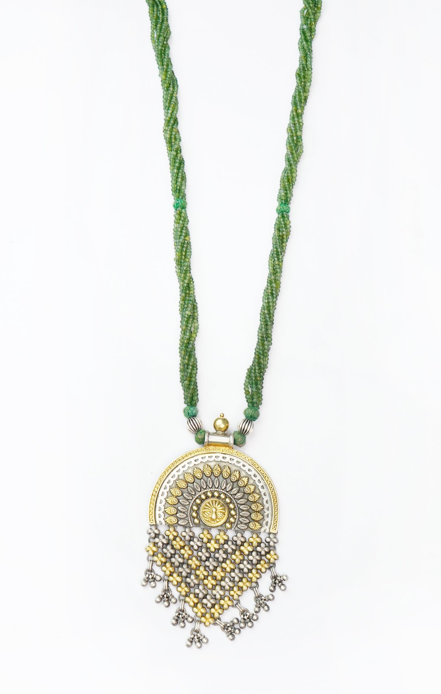 Silver Two Tone Beaded Necklace with Emerald Beads - Neeta Boochra Jewellery